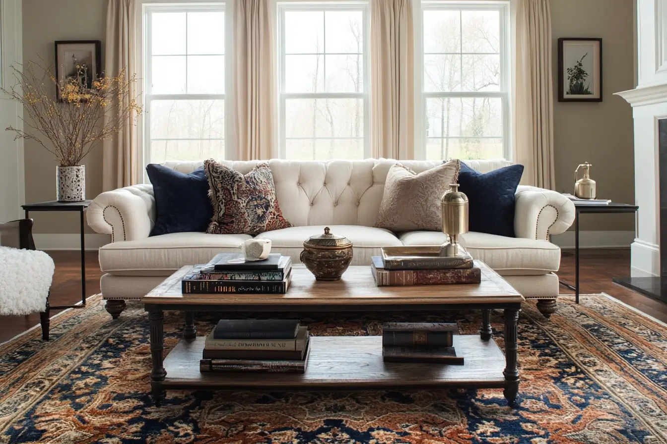 A cozy and stylish living room featuring layered rugs, a chic sofa, and a modern coffee table with decorative accents, illuminated by soft natural light.