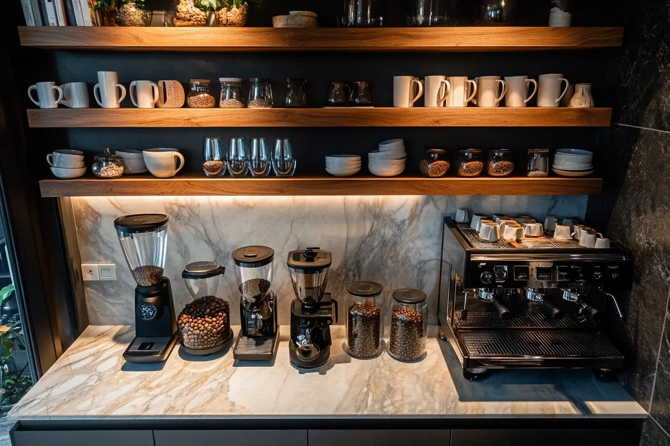 A modern coffee bar with wooden shelves, a marble countertop, and a high-end espresso machine, illuminated by soft lighting.