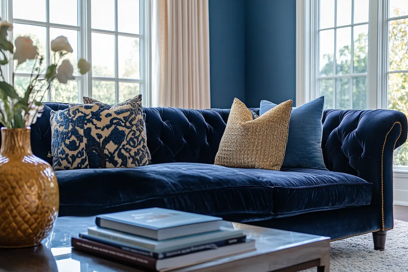 Elegant living room with blue walls and designer-approved color accents.