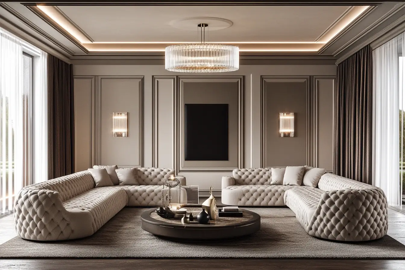 Luxurious living room with a tray ceiling featuring recessed lighting and crown molding.