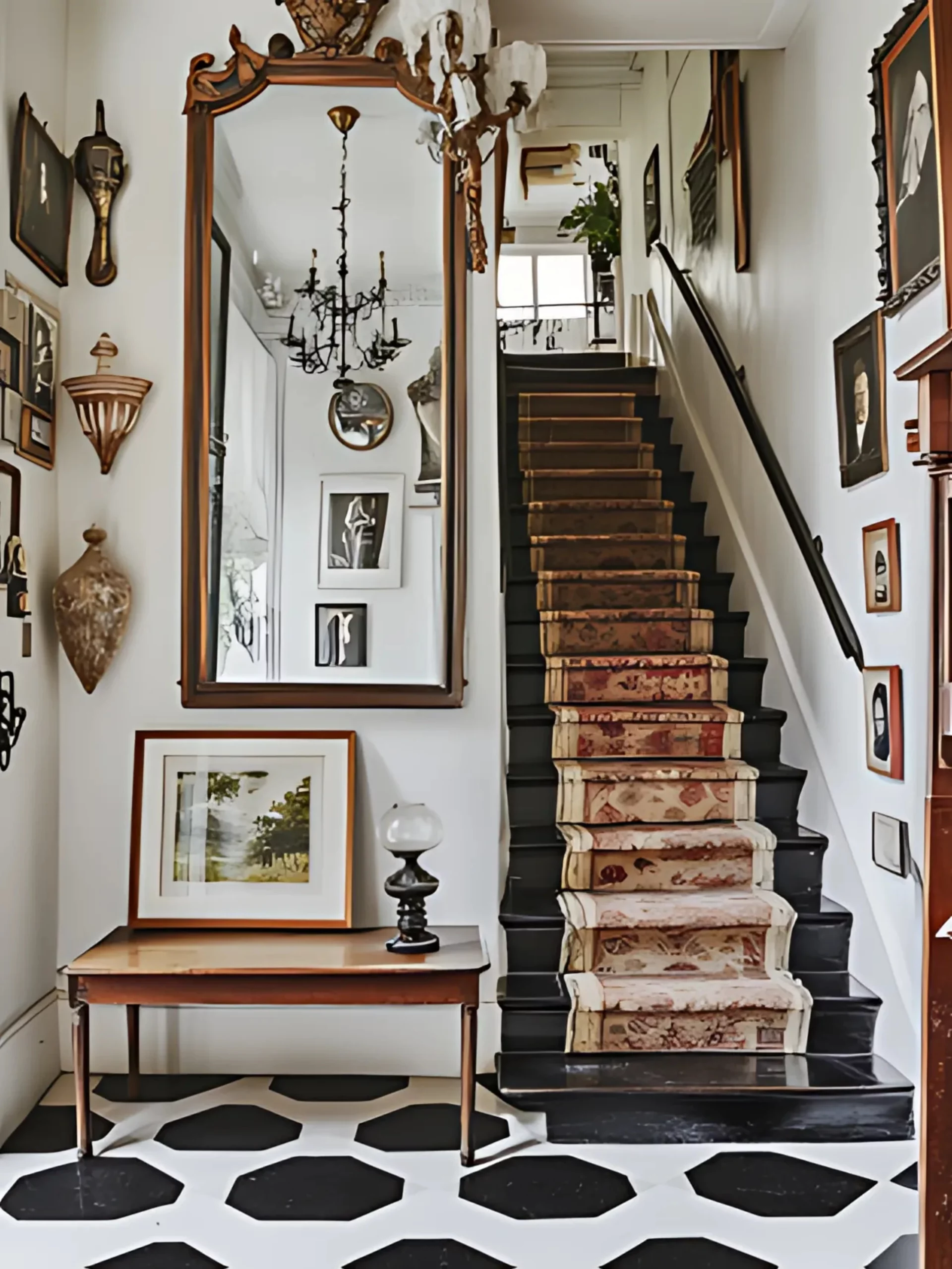 Eclectic Vintage Staircase with Gallery Wall and Bold Flooring Vintage-inspired staircase with black steps, an antique-patterned runner, and a gallery wall of framed black-and-white photographs. Features a large ornate mirror, a wooden console table, and a bold black-and-white hexagonal tile floor.