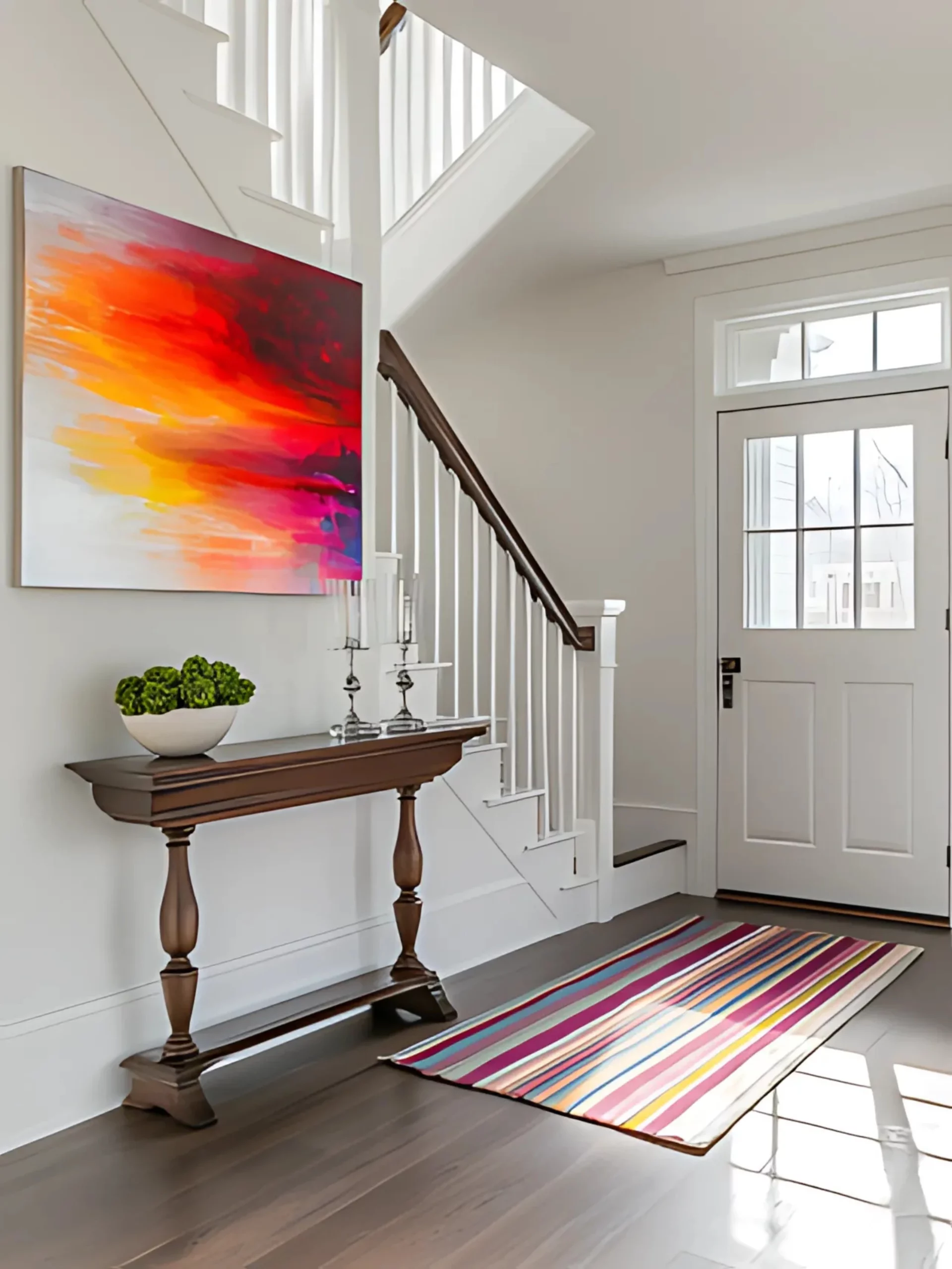 Modern Entryway with Bold Artwork and Stylish Decor Bright and modern entryway featuring a white staircase with dark wood handrails, a colorful abstract painting, and a striped rug. A classic wooden console table with decorative accents adds warmth and sophistication to the space.