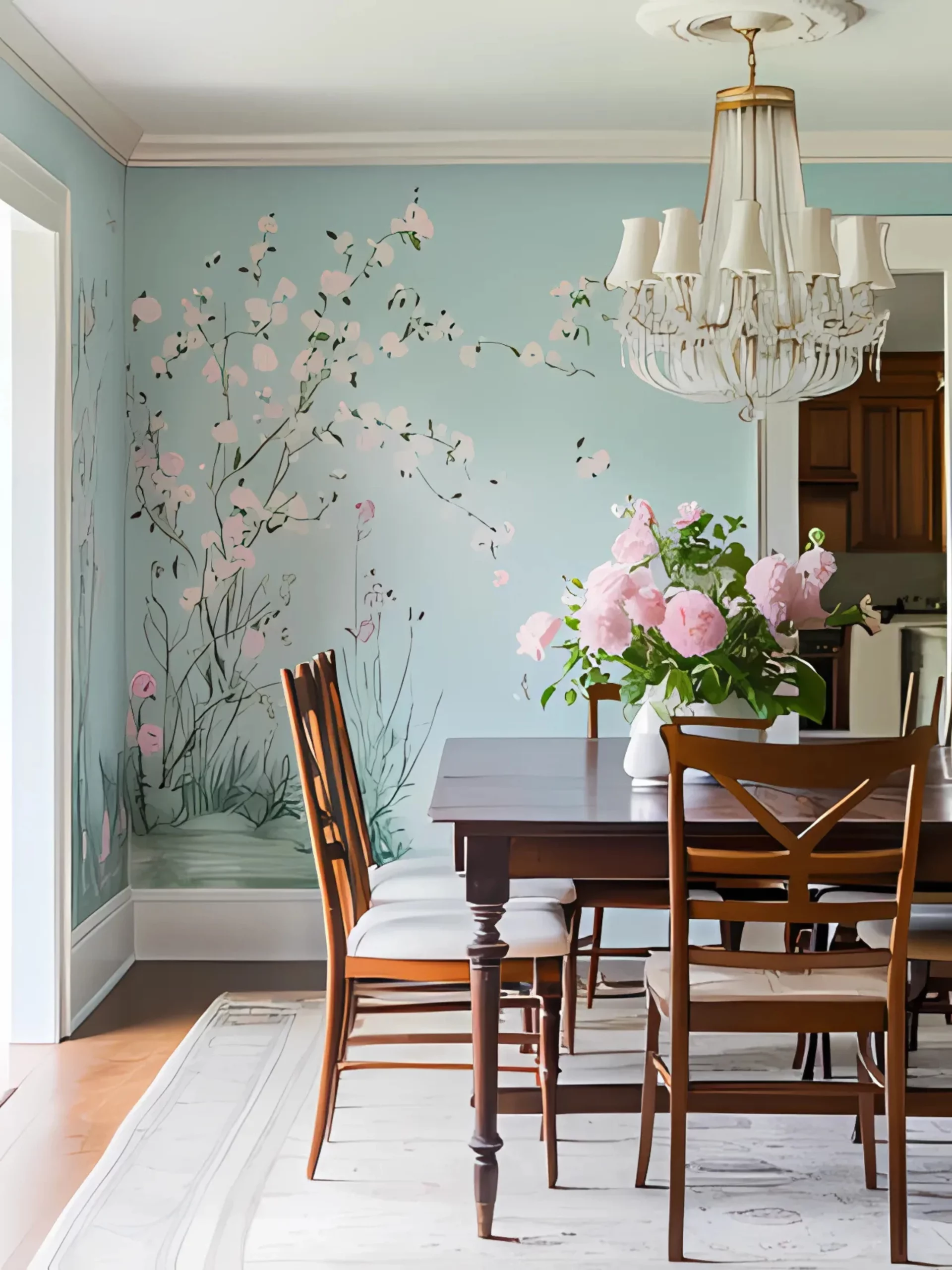 Elegant Floral Dining Room with Hand-Painted Mural and Classic Decor Charming dining room with a hand-painted floral mural on soft blue walls, a dark wood dining table, and elegant wooden chairs with white cushions. A white chandelier and fresh pink peonies add a delicate, romantic touch.