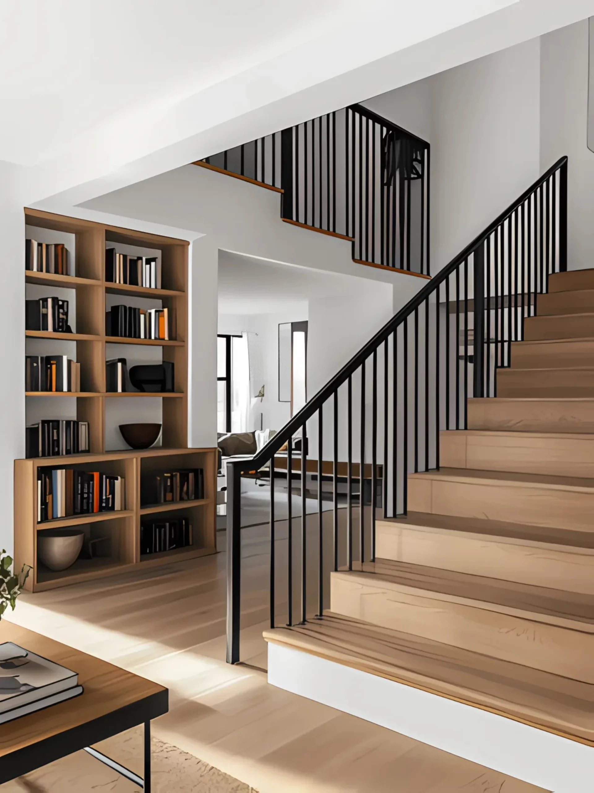 Stylish Modern Staircase with Black Metal Railings and Wood Accents Modern staircase with warm wood steps, sleek black metal railings, and an open-concept design. Features built-in wooden bookshelves, a minimalist coffee table, and a bright, airy living space with natural light.