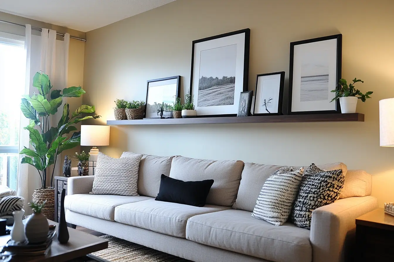 A stylish living room with a well-decorated picture ledge above a modern sofa, displaying framed artwork and plants.