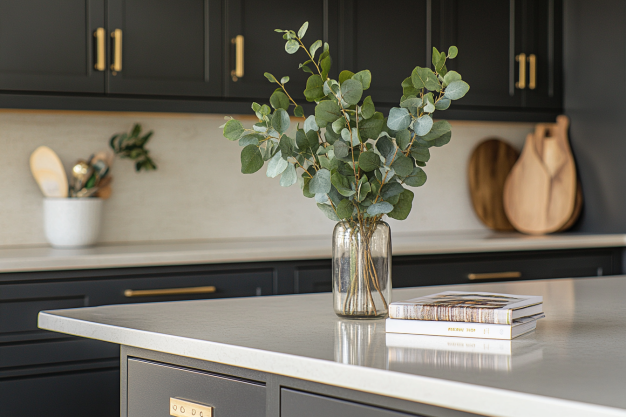 Modern kitchen with black cabinets, gold hardware, a light countertop, and a centerpiece featuring a glass vase with eucalyptus branches on the island.