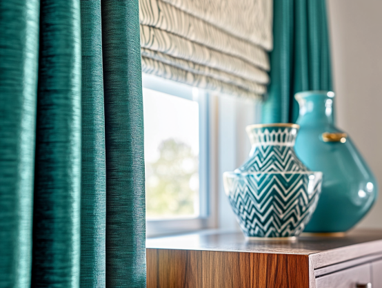 Stylish Teal Curtains and Decorative Vases in a Modern Interior Close-up of vibrant teal curtains, with a patterned roller shade above a wooden table. Two decorative vases, one with geometric patterns, add color and style, while natural light filters through the window.