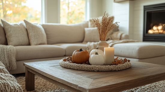Cozy Living Room with Autumn Decor and Warm Tones Cozy living room with a beige sectional sofa, a wooden coffee table decorated with pumpkins, dried flowers, and a lit candle, creating a warm autumn vibe.