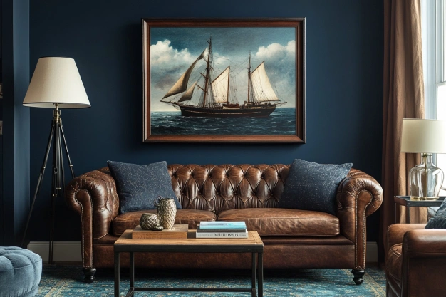 Classic living room with a tufted brown leather sofa, nautical artwork of a sailboat, navy blue walls, and a rustic wooden coffee table, complemented by a floor lamp and cozy accents.
