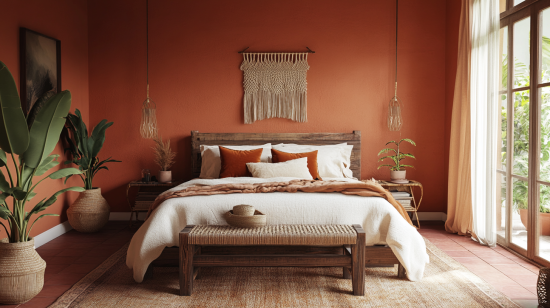 Boho Bedroom with Terracotta Walls and Natural Elements Boho-style bedroom with terracotta walls, wooden furniture, macrame wall art, and natural decor, including plants and woven accents.