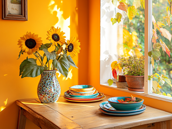 Vibrant Kitchen Corner with Sunflowers and Autumn Decor Bright kitchen corner with a rustic wooden table, a vase of sunflowers, colorful dishes, and a sunny window with autumn leaves outside.