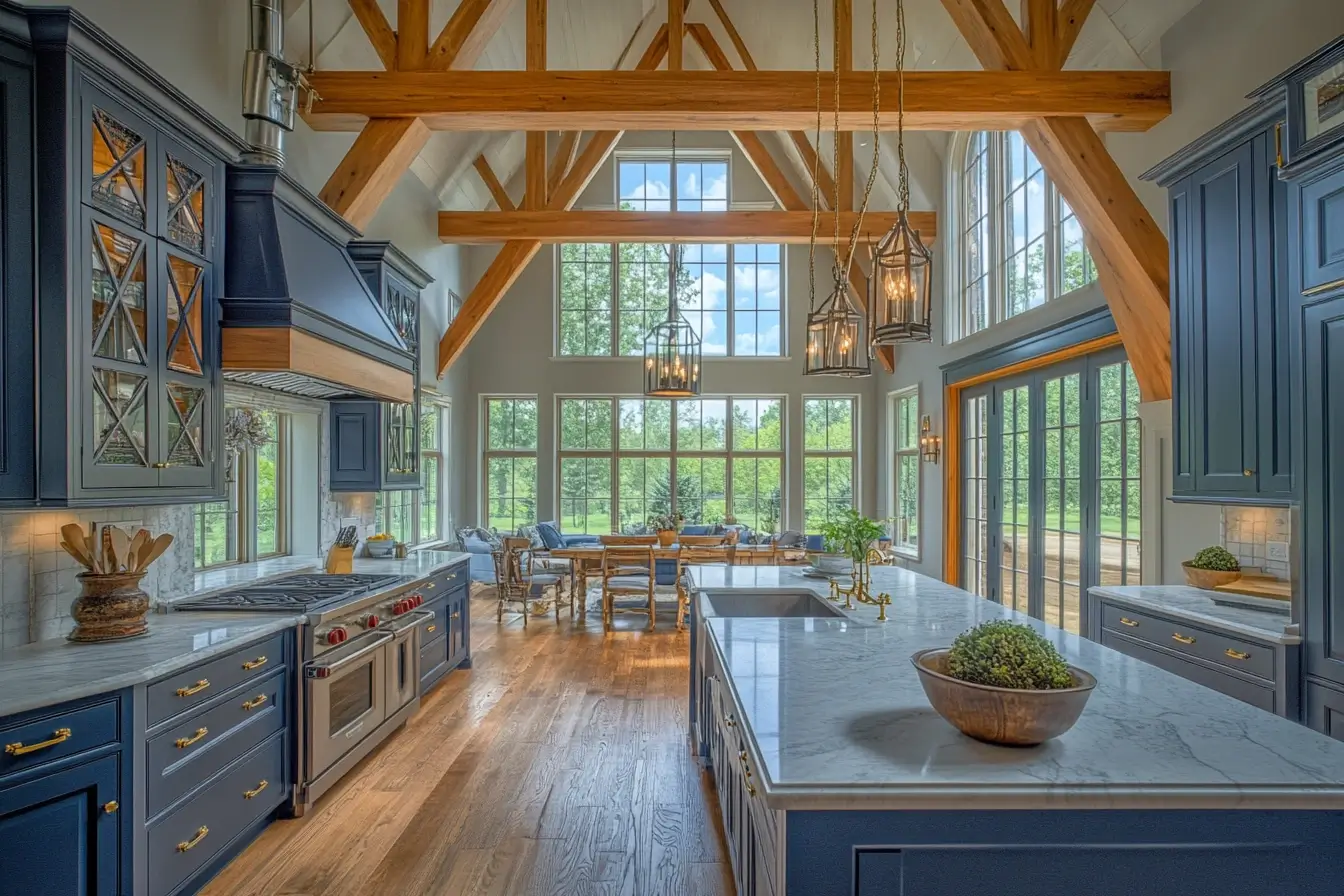 Elegant blue kitchen with vaulted ceilings, navy cabinets, and gold accents in a bright, open space.