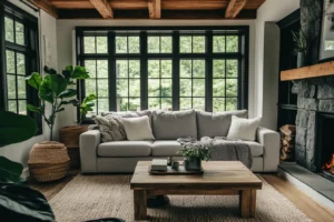 Cozy modern farmhouse living room with a stone fireplace, wooden beams, and soft neutral decor.