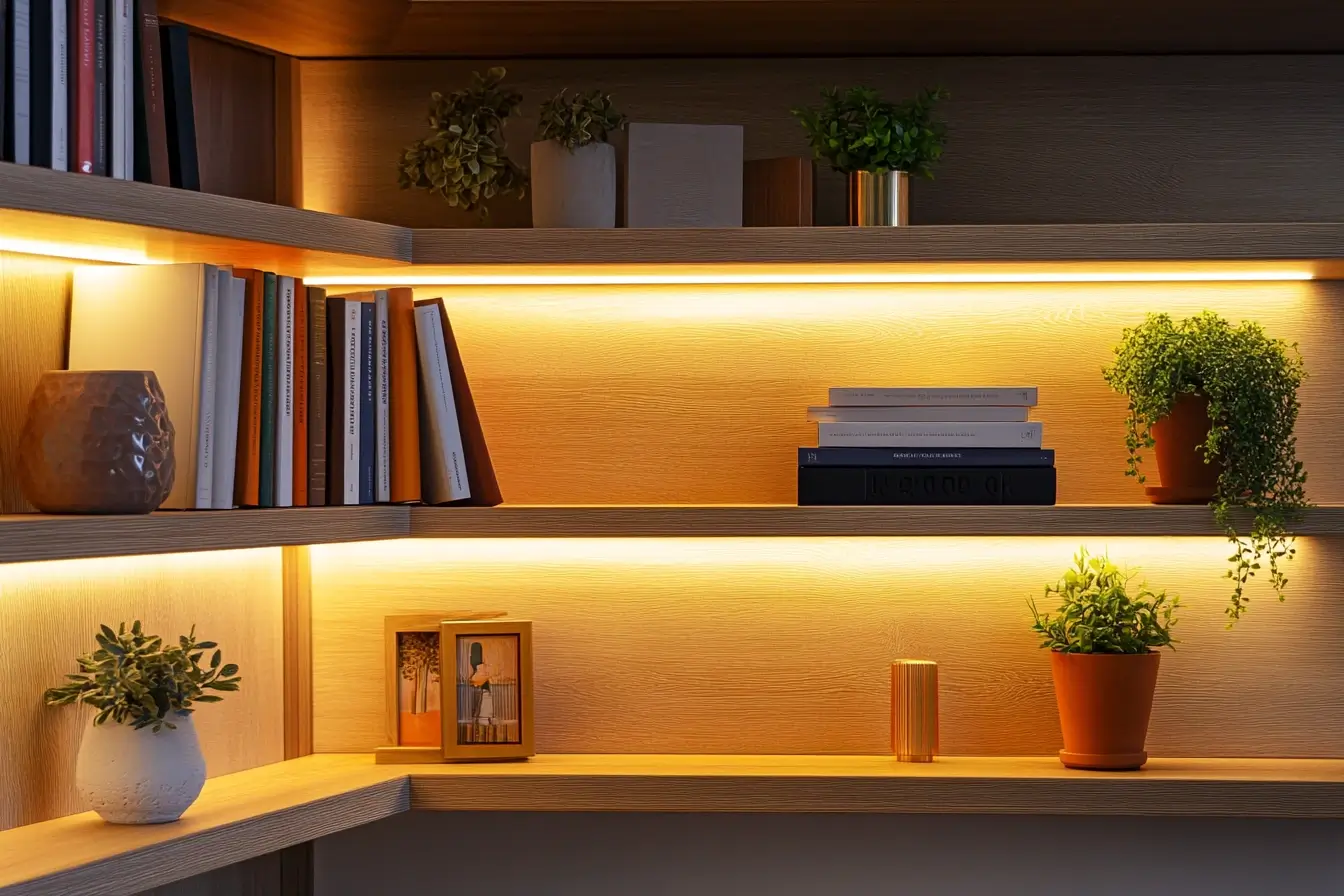 Modern corner shelf with LED lighting in a stylish living room.