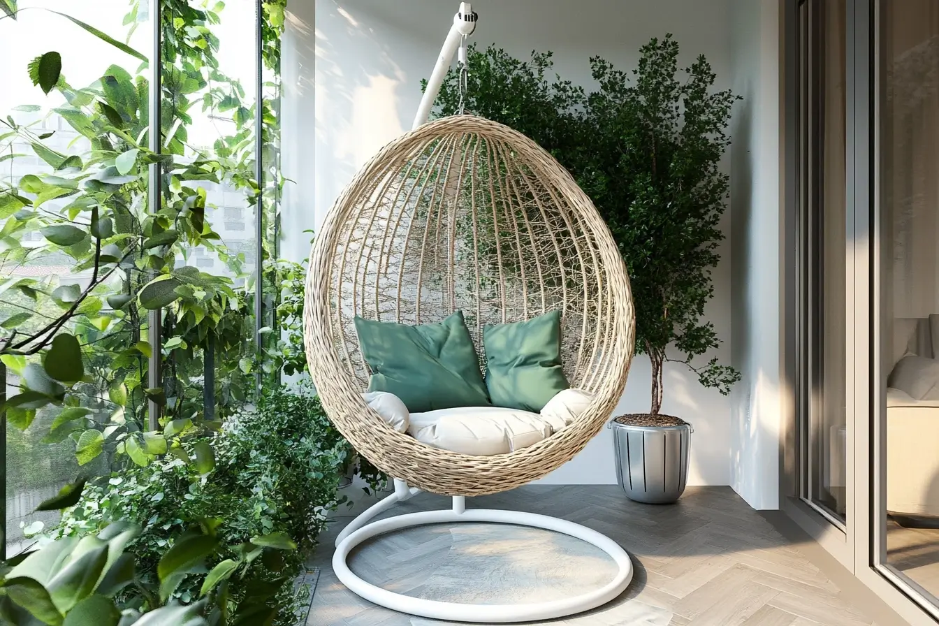 A modern balcony with a cozy rattan egg chair, plush cushions, and lush green plants, creating a relaxing and stylish outdoor retreat.