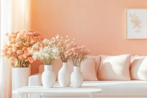Aesthetic peach-toned living room with a white sofa, pastel-colored floral arrangements in white ceramic vases, and a minimalist framed artwork on the wall.