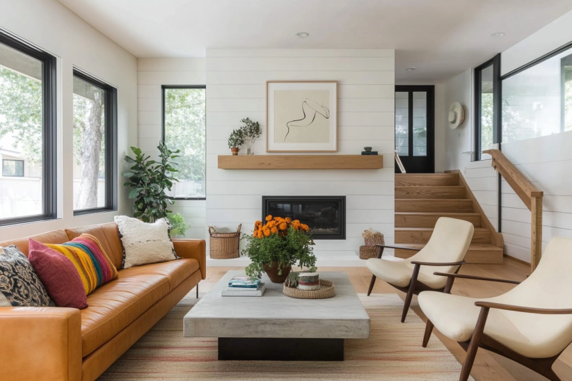 Modern farmhouse living room with a warm brown leather sofa, neutral-toned decor, large windows with black trim, and a cozy fireplace with a wooden mantel. The space features a concrete coffee table, indoor plants, and minimalist artwork.