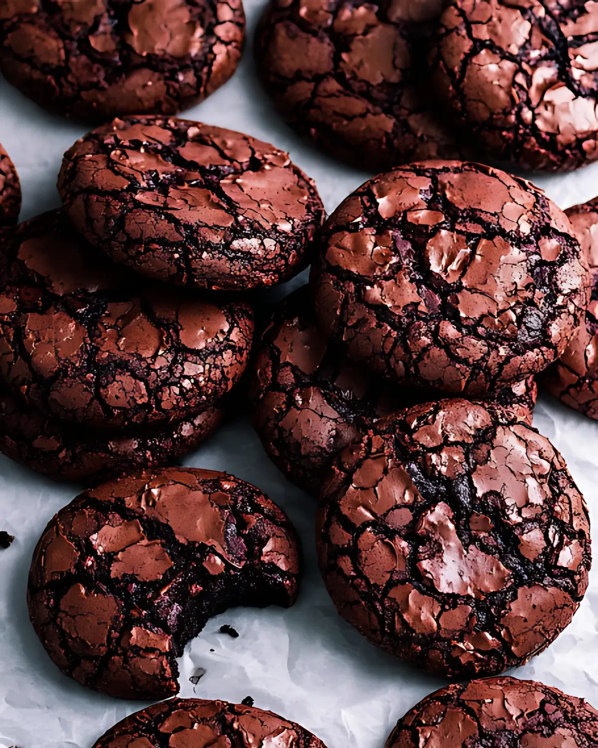 Close-up of fudgy brownie cookies with a shiny crackled top and chewy chocolate center
