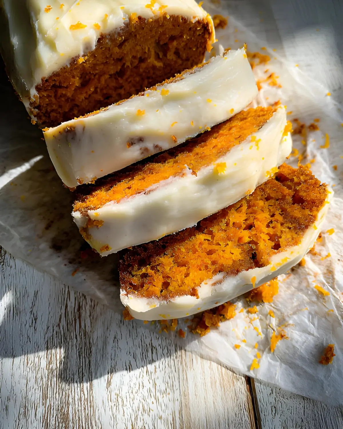 Moist pumpkin spice latte cake slices with creamy white glaze on rustic parchment.