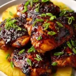 Glazed Hawaiian BBQ chicken thighs garnished with green onions served over pineapple slices on a white plate.