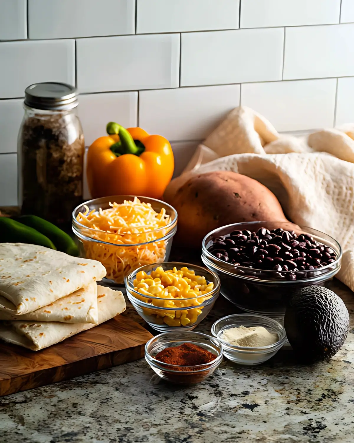 Fresh vegetarian quesadilla ingredients including tortillas, shredded cheese, corn, black beans, bell pepper, avocado, sweet potato, and spices on a kitchen counter