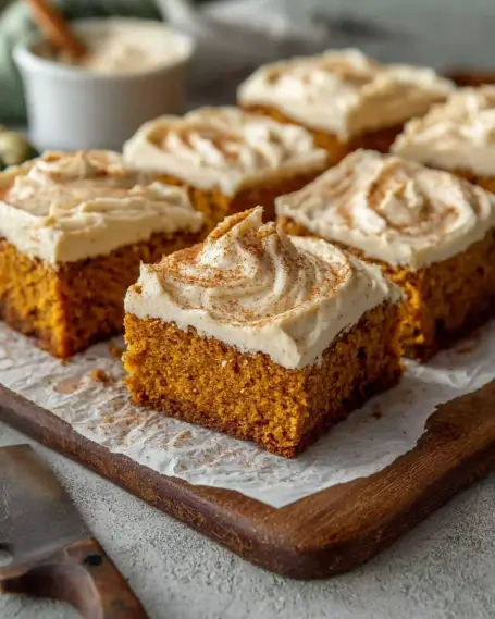Frosted Pumpkin Bars with Cream Cheese Topping | Fall Baking Favorite Close-up of frosted pumpkin bars topped with cream cheese frosting and sprinkled with cinnamon on a wooden board.