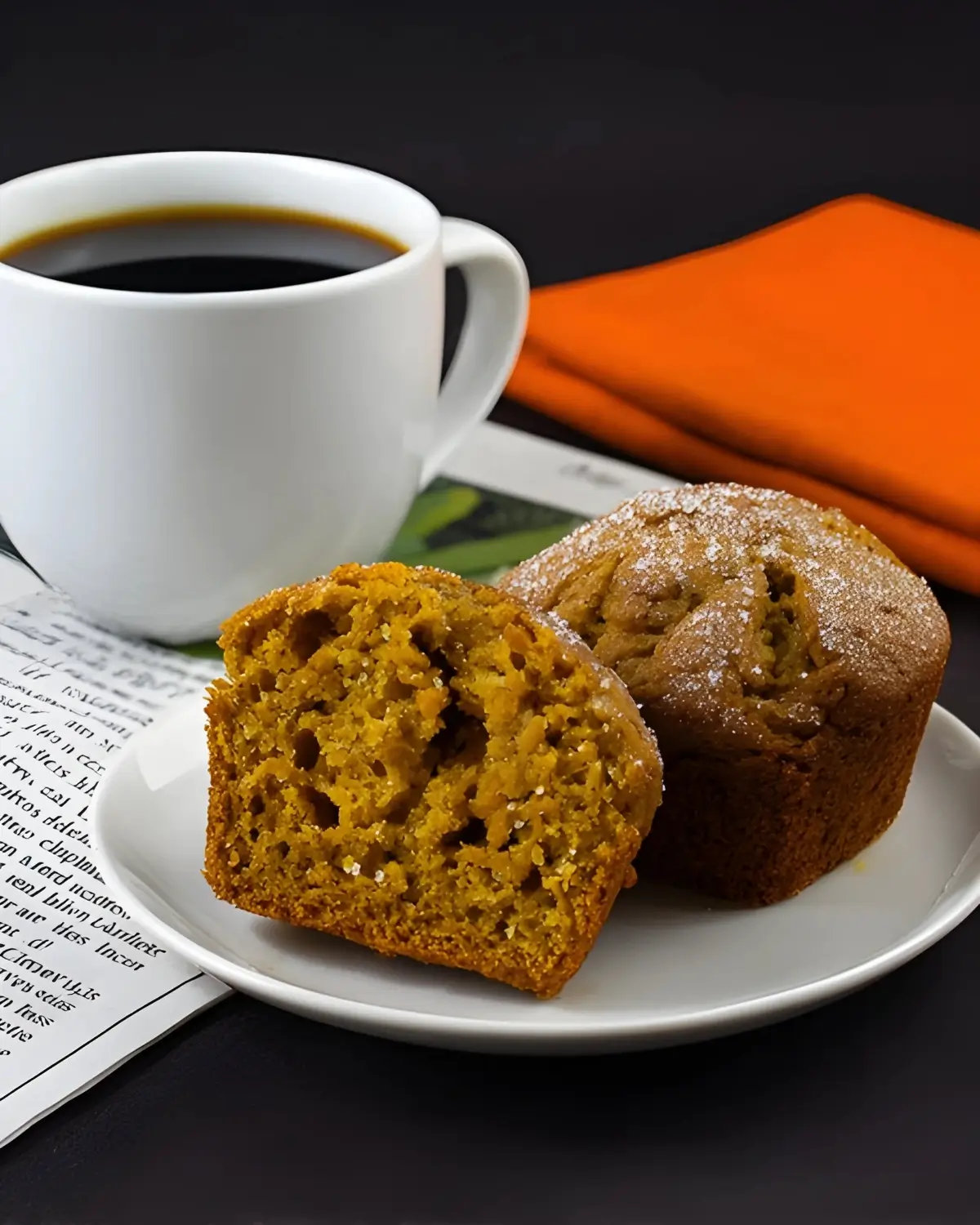 Pumpkin muffin cut in half on a plate served with a hot cup of coffee, perfect for a cozy breakfast.