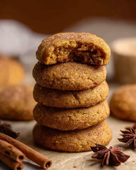 Stack of soft pumpkin cookies with sugar coating and warm spices, top cookie bitten to reveal chewy texture.
