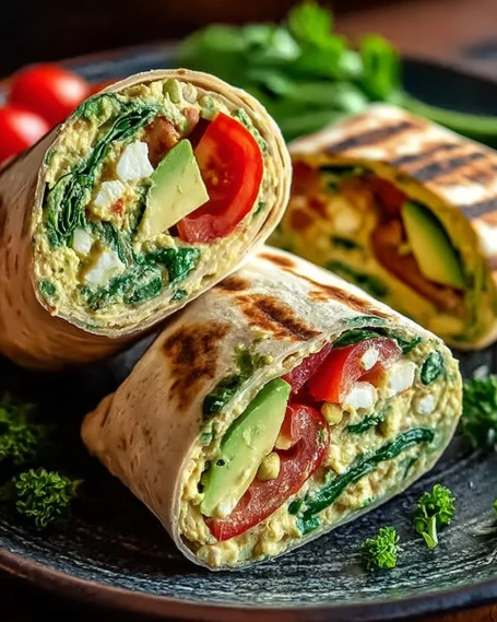 Grilled vegetable wrap with spinach, tomato, avocado, and feta cheese on a plate