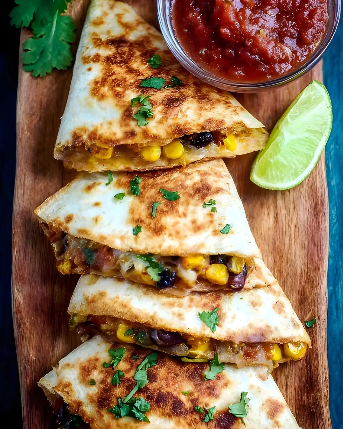 Golden vegetarian quesadilla slices filled with black beans, corn, and cheese, served with salsa and lime on a wooden board