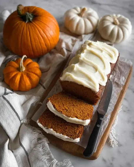 Sliced pumpkin loaf with cream cheese frosting on a wooden board, surrounded by fresh pumpkins for a cozy fall setting.