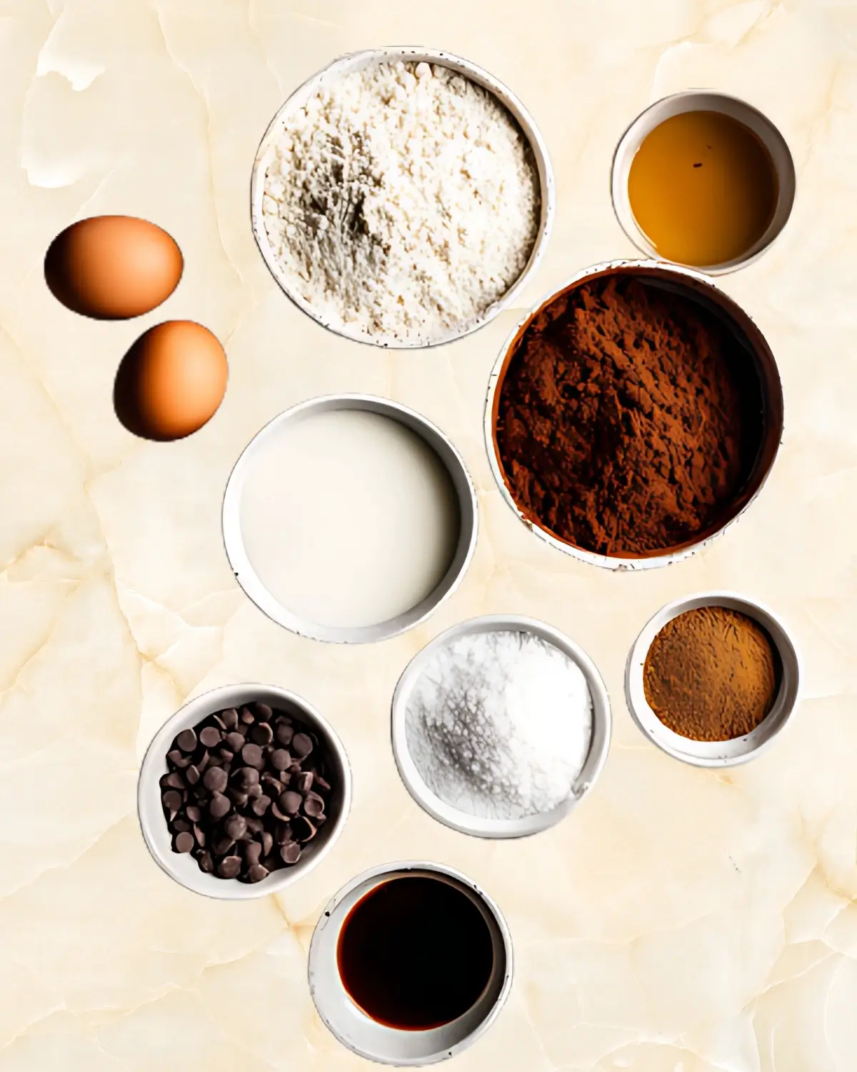 Overhead flat lay of measured baking ingredients for pumpkin chocolate chip muffins—flour, cocoa, milk, oil, sugar, eggs, vanilla, cinnamon, and chocolate chips—on a light marble surface.