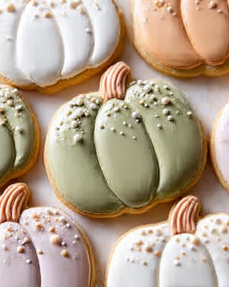 Pastel pumpkin-shaped sugar cookies decorated with smooth royal icing in sage green, white, peach, and lavender, finished with white sprinkle accents and piped brown stems.