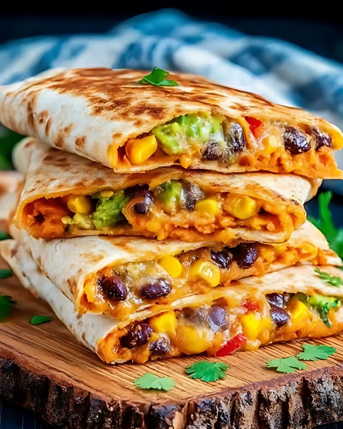 Stacked vegetarian quesadilla wedges filled with avocado, black beans, corn, and melted cheese on a wooden board