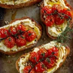 Toasted sourdough bread topped with creamy hummus, roasted cherry tomatoes on the vine, fresh thyme, sunflower seeds, and a drizzle of olive oil.