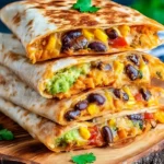 Crispy vegetarian quesadillas stuffed with black beans, corn, avocado, cheese, and vegetables, stacked on a wooden board
