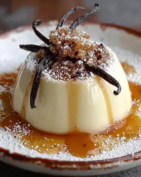 Creamy panna cotta topped with vanilla bean, caramel sauce, and powdered sugar on a rustic plate.