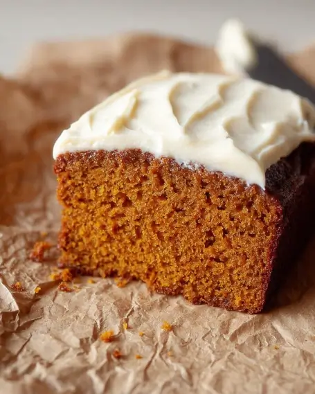 Moist pumpkin bread with creamy maple cream cheese frosting on parchment paper