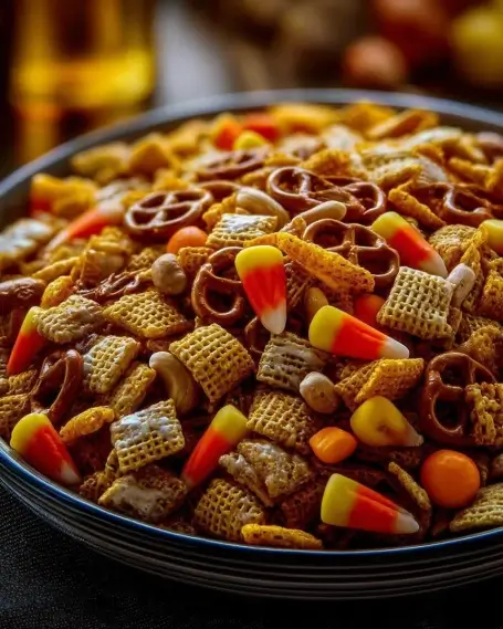 Bowl of Halloween Chex mix with pretzels, candy corn, chocolates, and cereal squares for a festive party snack.