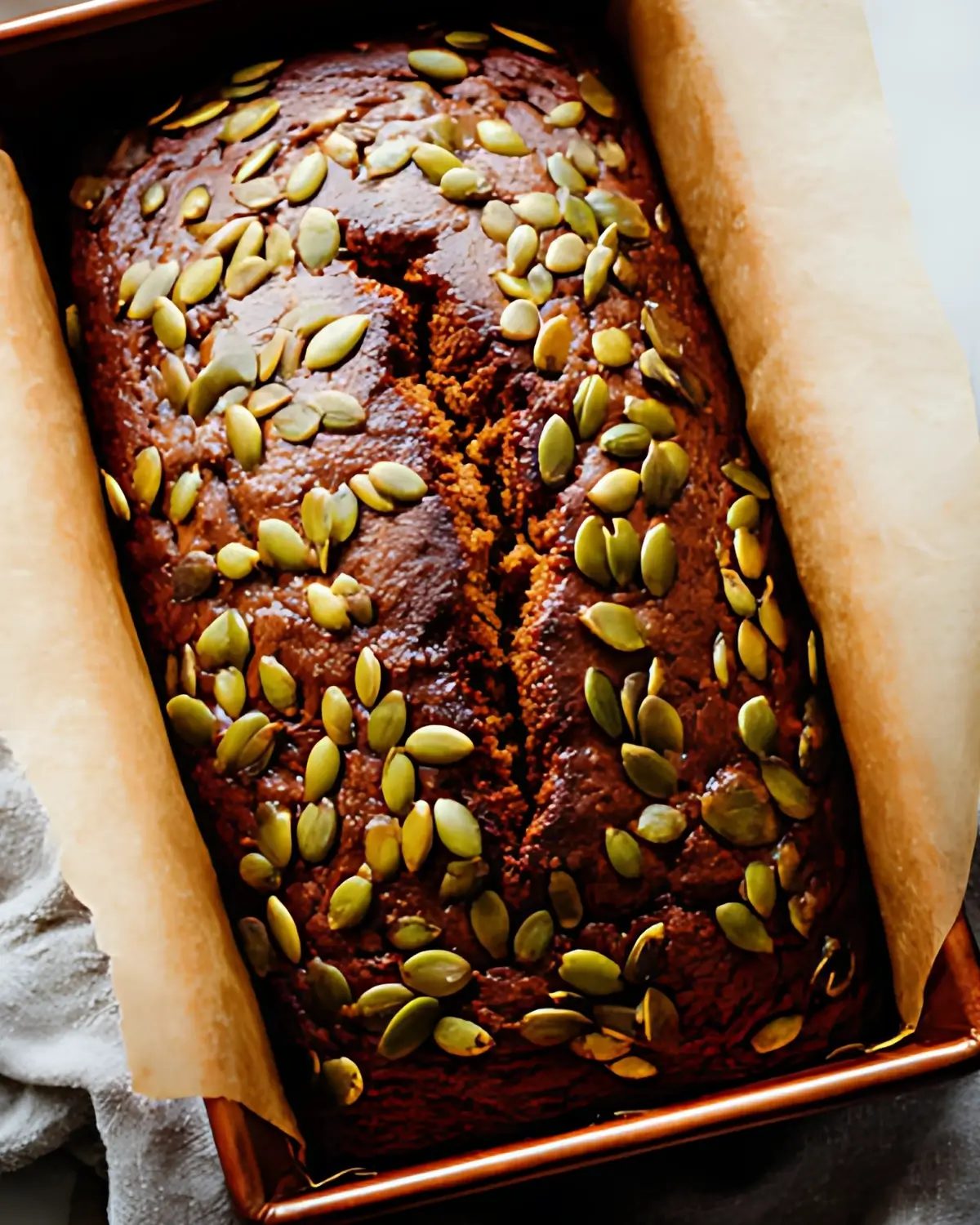 Freshly baked pumpkin bread topped with crunchy green pepitas in a parchment-lined loaf pan.