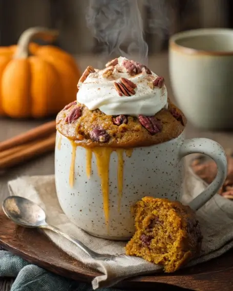 Warm pumpkin spice mug cake in a speckled ceramic cup topped with whipped cream, pecans, and steam rising, cozy fall dessert