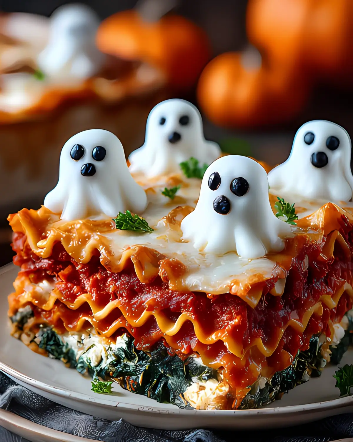 Spooky ghost-themed Halloween lasagna with ghost-shaped mozzarella cheese decorations on top of layered pasta, spinach, and marinara sauce.