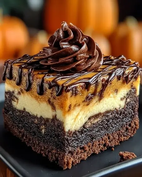Pumpkin cheesecake brownie topped with chocolate drizzle and a swirl of chocolate frosting, served on a black plate.