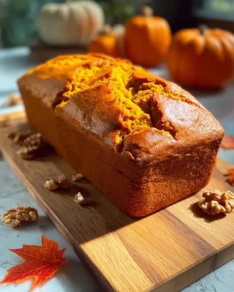 Moist golden pumpkin bread loaf on a wooden cutting board with walnuts, fall leaves, and pumpkins in the background.