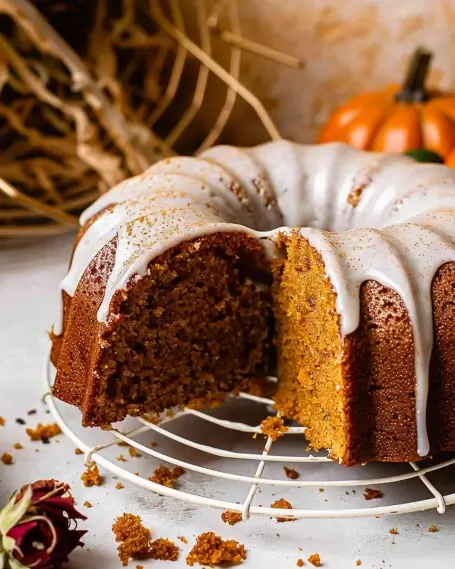 Pumpkin bundt cake with white glaze drizzled on top, sliced to reveal moist texture