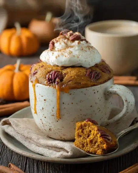Pumpkin spice mug cake in a rustic ceramic cup topped with whipped cream, pecans, and steam, cozy fall dessert scene