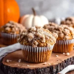 Pumpkin crumb muffin on rustic wood slice with sugar topping, fall pumpkins in background