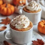 Pumpkin spice mug cake in a white ceramic cup topped with whipped cream and cinnamon, surrounded by pumpkins and fall leaves