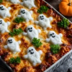 Halloween lasagna in a baking dish topped with smiling mozzarella cheese ghosts and parsley on golden melted cheese.