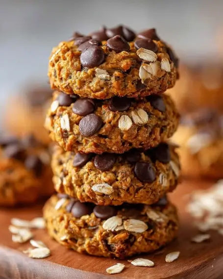 Stack of homemade healthy pumpkin oat cookies topped with dark chocolate chips and oats on a wooden surface.